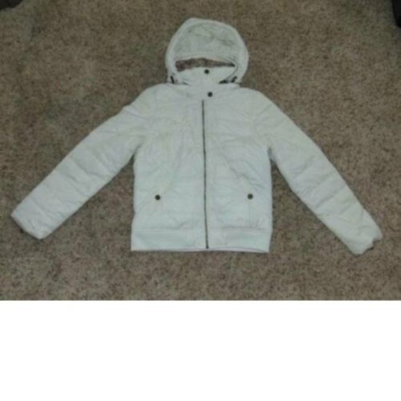 Womens Puffer Jacket Aeropostale White Small Hooded Fx Fur Quilted Winter Zip Up - Picture 3 of 8